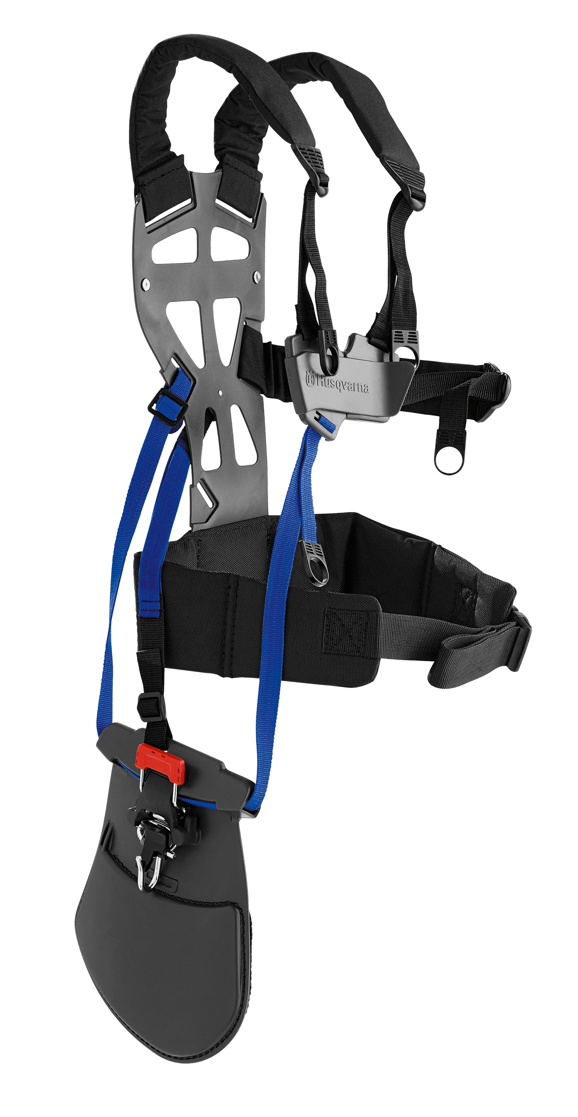Ergonomic harness with broad back support and hip belt that distributes the load over larger area. image